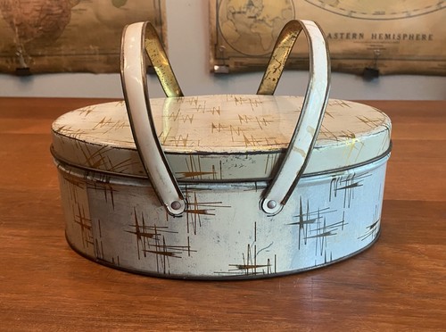 Vintage oval tin handled box - oval,
